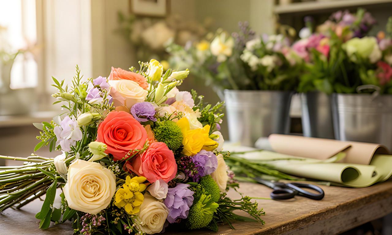 Bouquet colorato preparato a mano sul tavolo di una fioreria a Città Sant'Angelo