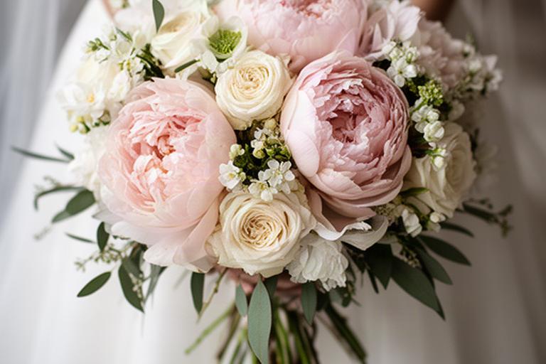 Bouquet romantico con peonie rosa e rose bianche tenuto davanti a un abito da sposa
