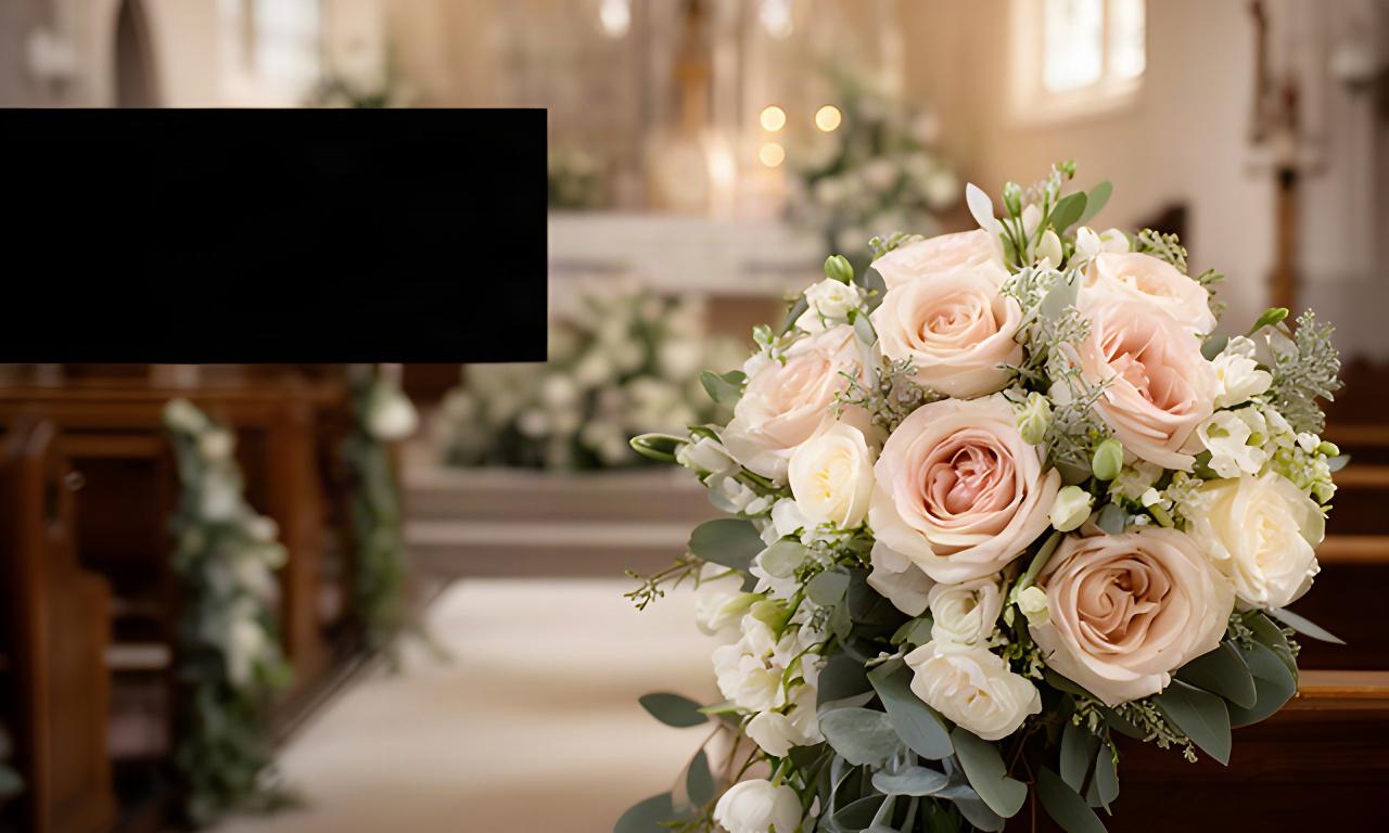 Bouquet da sposa con rose cipria e fiori bianchi accanto agli addobbi floreali di una chiesa