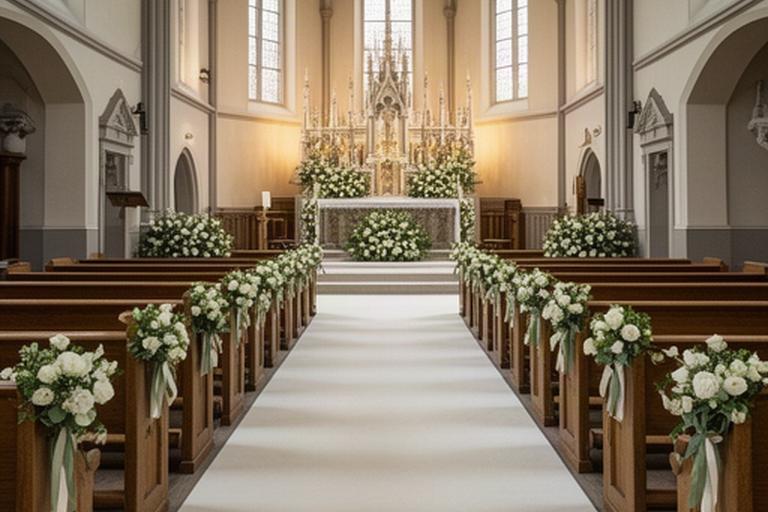 Navata di una chiesa decorata con piccoli mazzi bianchi sulle panche e fiori all'altare