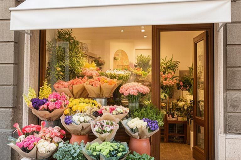 Vetrina colorata di Carmela's Fiorista con mazzi stagionali esposti all'ingresso della bottega