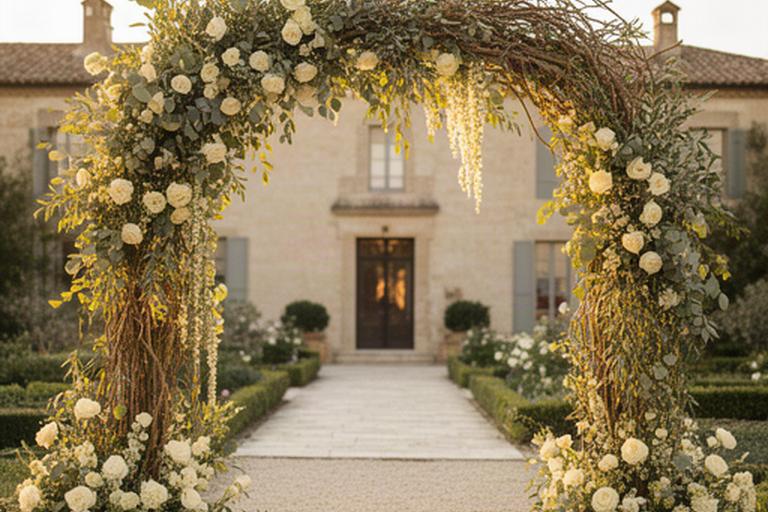 Arco floreale con rami verdi e fiori color crema all'ingresso di una villa per ricevimenti