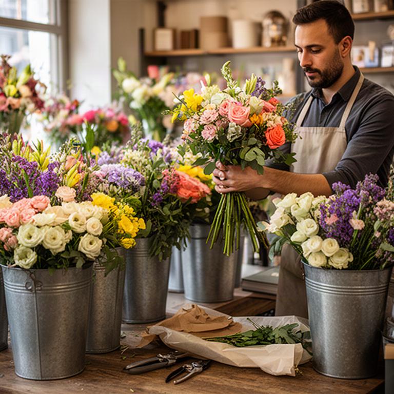 Fiorista al lavoro tra secchi di fiori freschi e composizioni nella bottega di Città Sant'Angelo